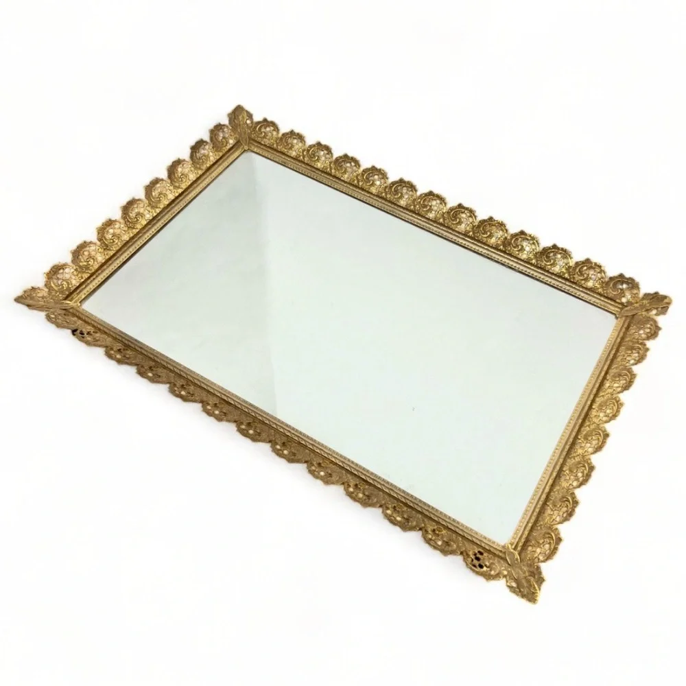 Vintage Ornate Gold Filigree Rimmed Rectangular Dressing Table Mirror Tray